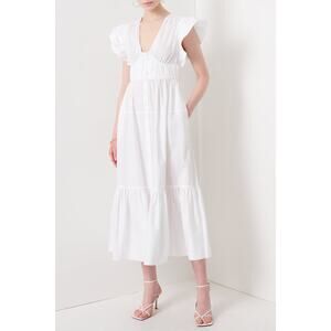 Derek Lam 10 Crosby Greta Ruffle Sleeve V-Neck White Poplin Midi Dress Sz 6 New